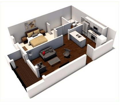 Floor plan for 1 bed, 1 bath, 668 sqft